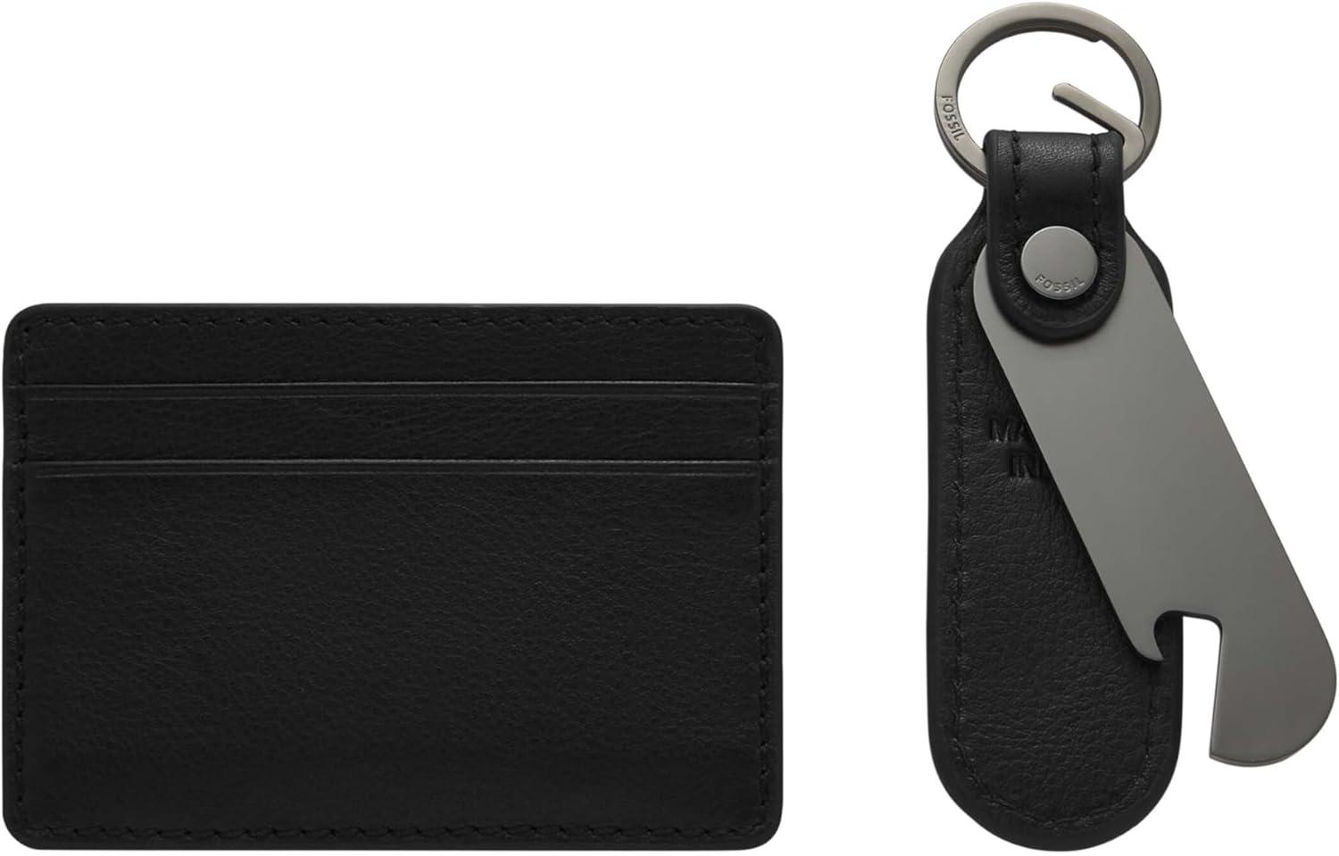 imageFossil Mens Leather Slim Minimalist Card Case Front Pocket WalletBlack Card Case  Keyfob Gift Set