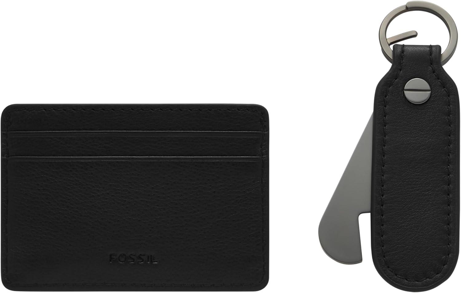 imageFossil Mens Leather Slim Minimalist Card Case Front Pocket WalletBlack Card Case  Keyfob Gift Set