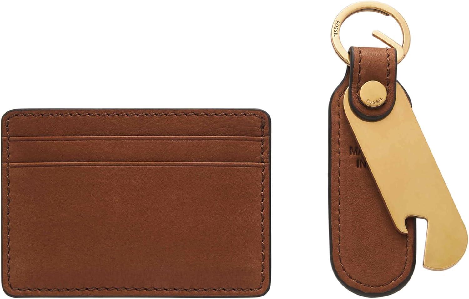 imageFossil Mens Leather Slim Minimalist Card Case Front Pocket WalletBrown Card Case  Keyfob Gift Set