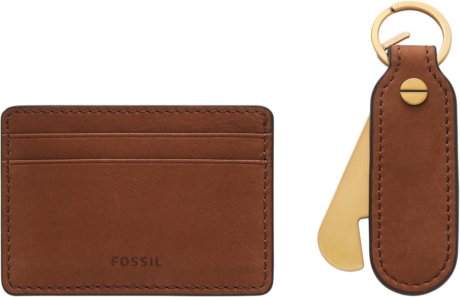 imageFossil Mens Leather Slim Minimalist Card Case Front Pocket WalletBrown Card Case  Keyfob Gift Set