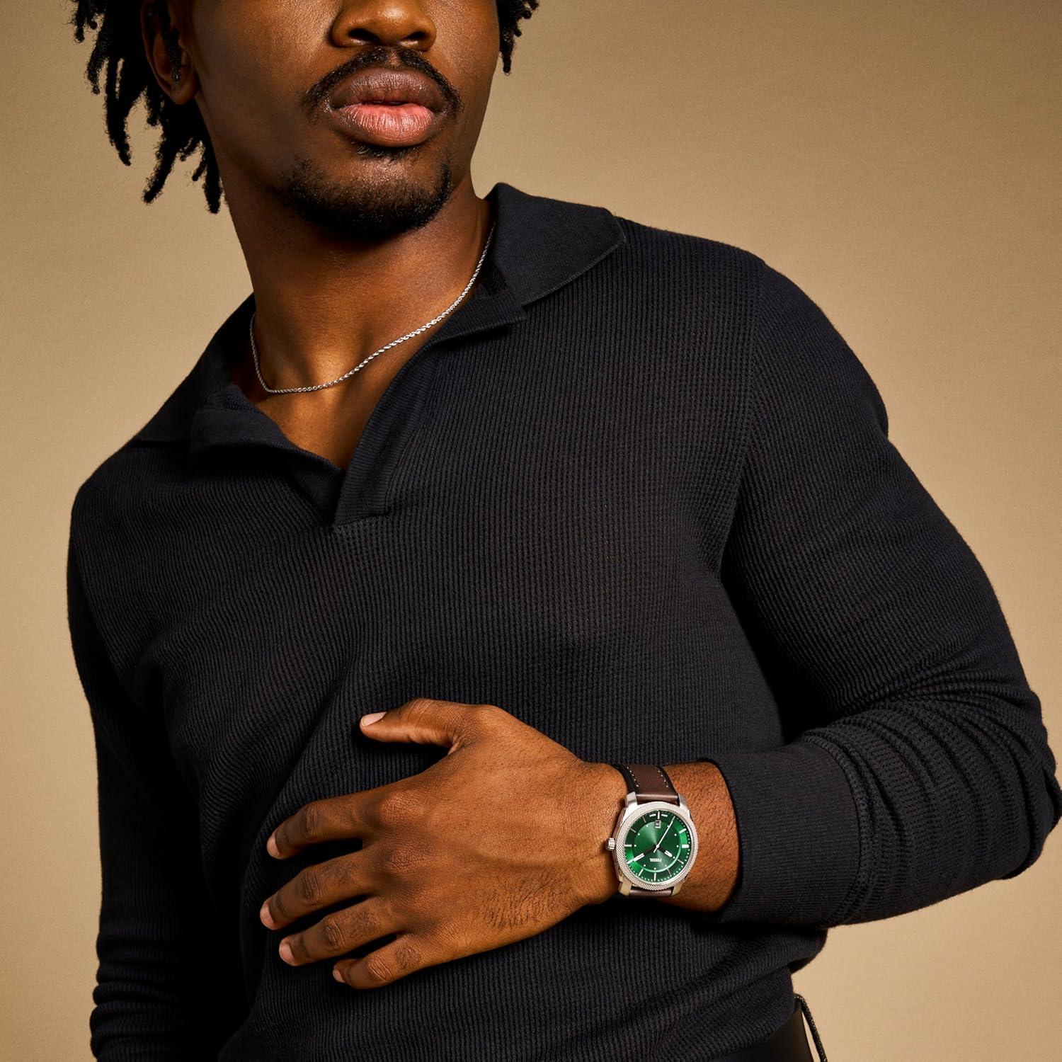 imageFossil Mens Machine Quartz Stainless Steel ThreeHand WatchBrown LeatherSilverGreen