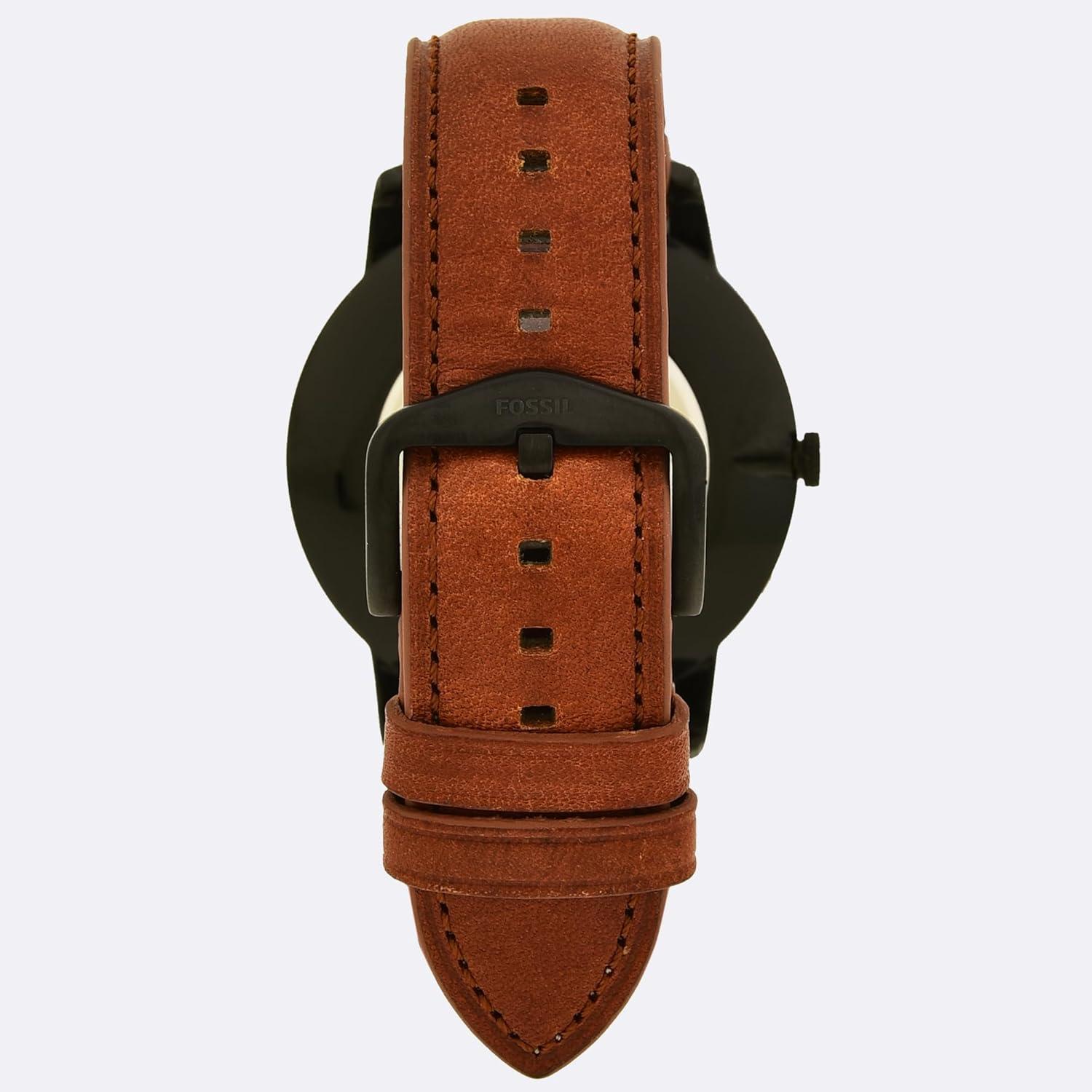 imageFossil Mens Minimalist Quartz Stainless Steel and Leather ThreeHand WatchBlack  Brown