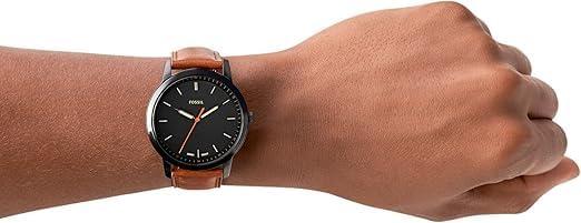 imageFossil Mens Minimalist Quartz Stainless Steel and Leather ThreeHand WatchBlack  Brown