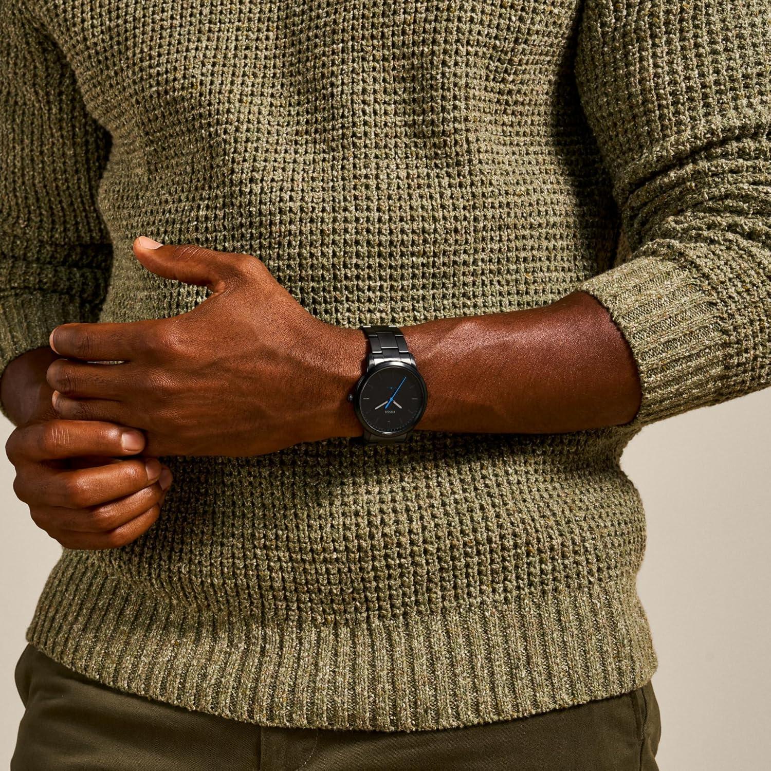 imageFossil Mens Minimalist Quartz Stainless Steel and Leather ThreeHand WatchBlack Bracelet