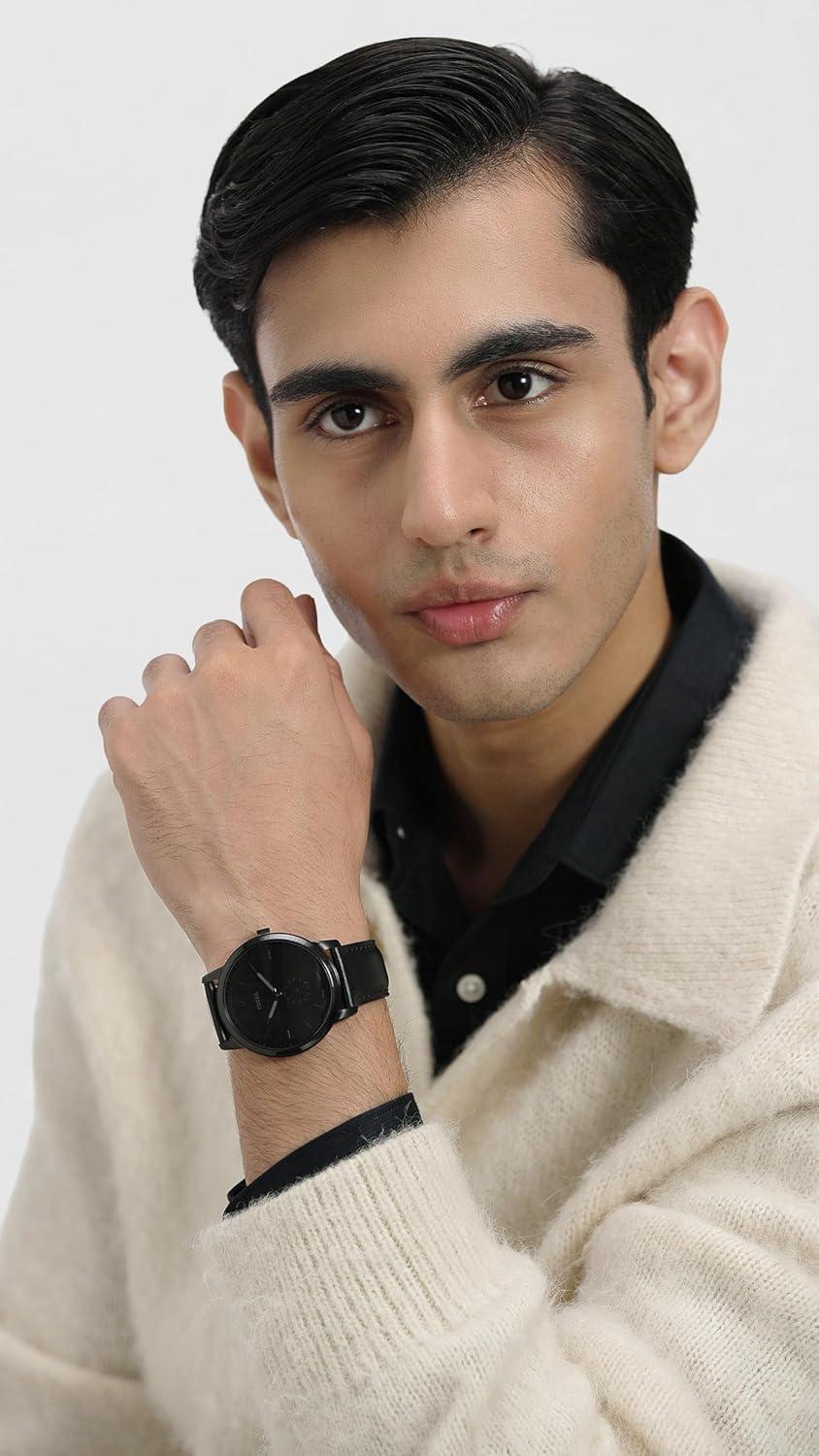 imageFossil Mens Minimalist Quartz Stainless Steel and Leather ThreeHand WatchBlack Leather