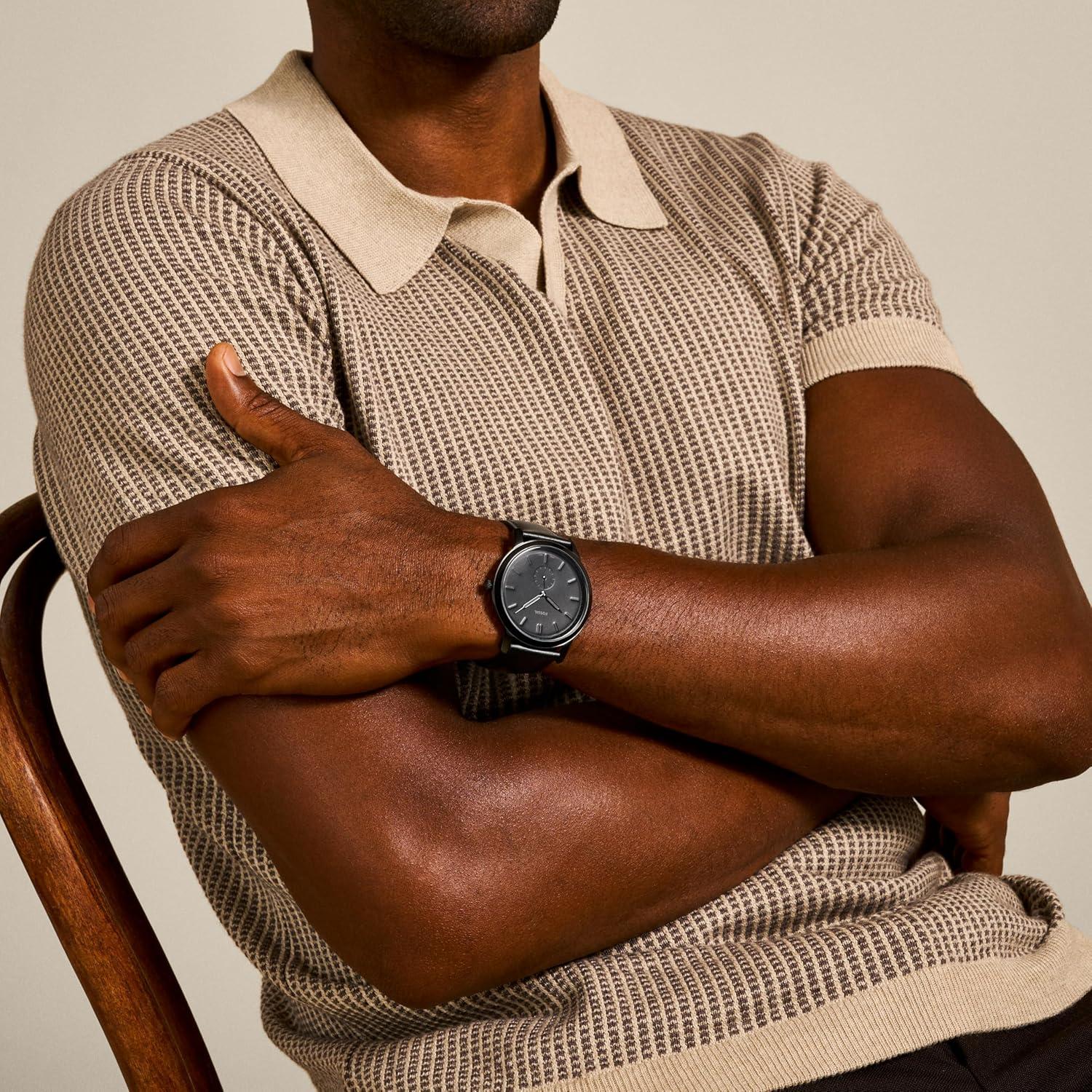 imageFossil Mens Minimalist Quartz Stainless Steel and Leather ThreeHand WatchBlack Leather