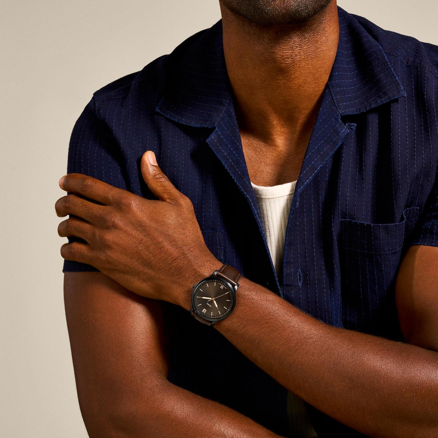 imageFossil Mens Minimalist Quartz Stainless Steel and Leather ThreeHand WatchBrown LeatherBlackBrown