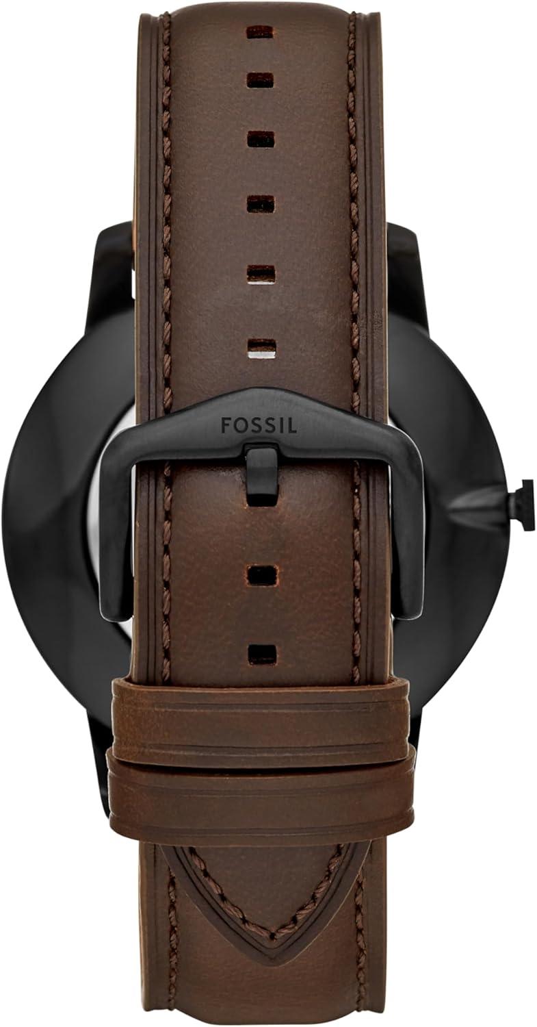 imageFossil Mens Minimalist Quartz Stainless Steel and Leather ThreeHand WatchBrown LeatherBlackBrown