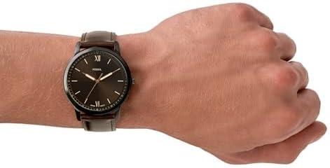imageFossil Mens Minimalist Quartz Stainless Steel and Leather ThreeHand WatchBrown LeatherBlackBrown