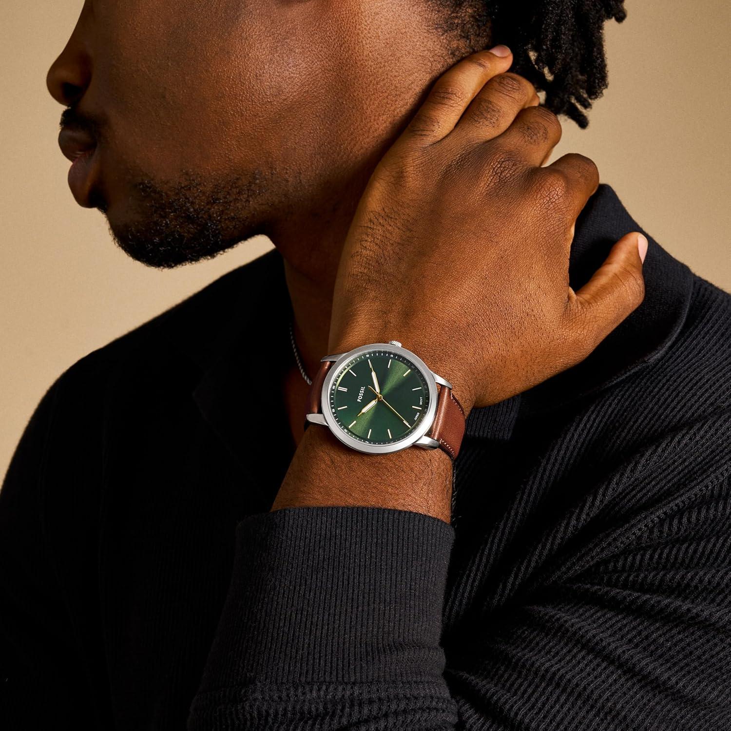 imageFossil Mens Minimalist Quartz Stainless Steel and Leather ThreeHand WatchBrown LeatherSilverGreen
