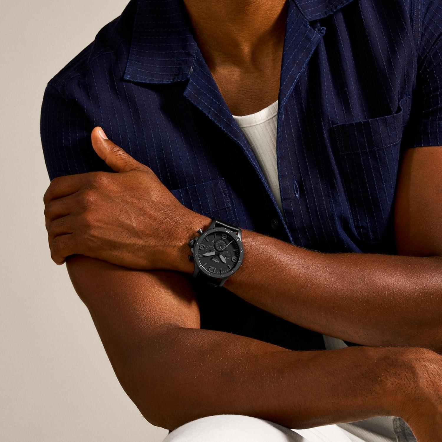 imageFossil Mens Nate Quartz Stainless Steel Chronograph WatchBlack Leather