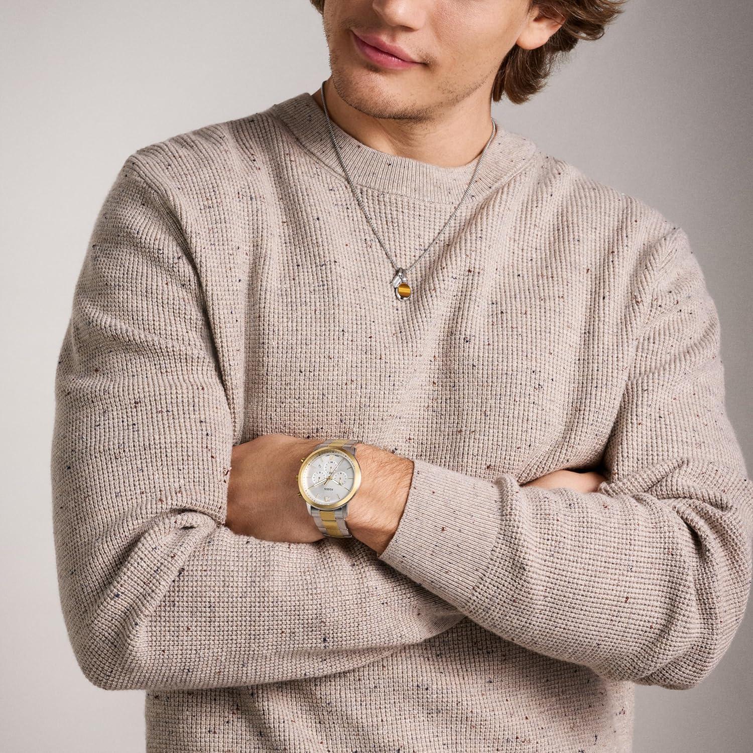 imageFossil Mens Neutra Quartz Stainless Steel and Leather Chronograph WatchGoldSilver