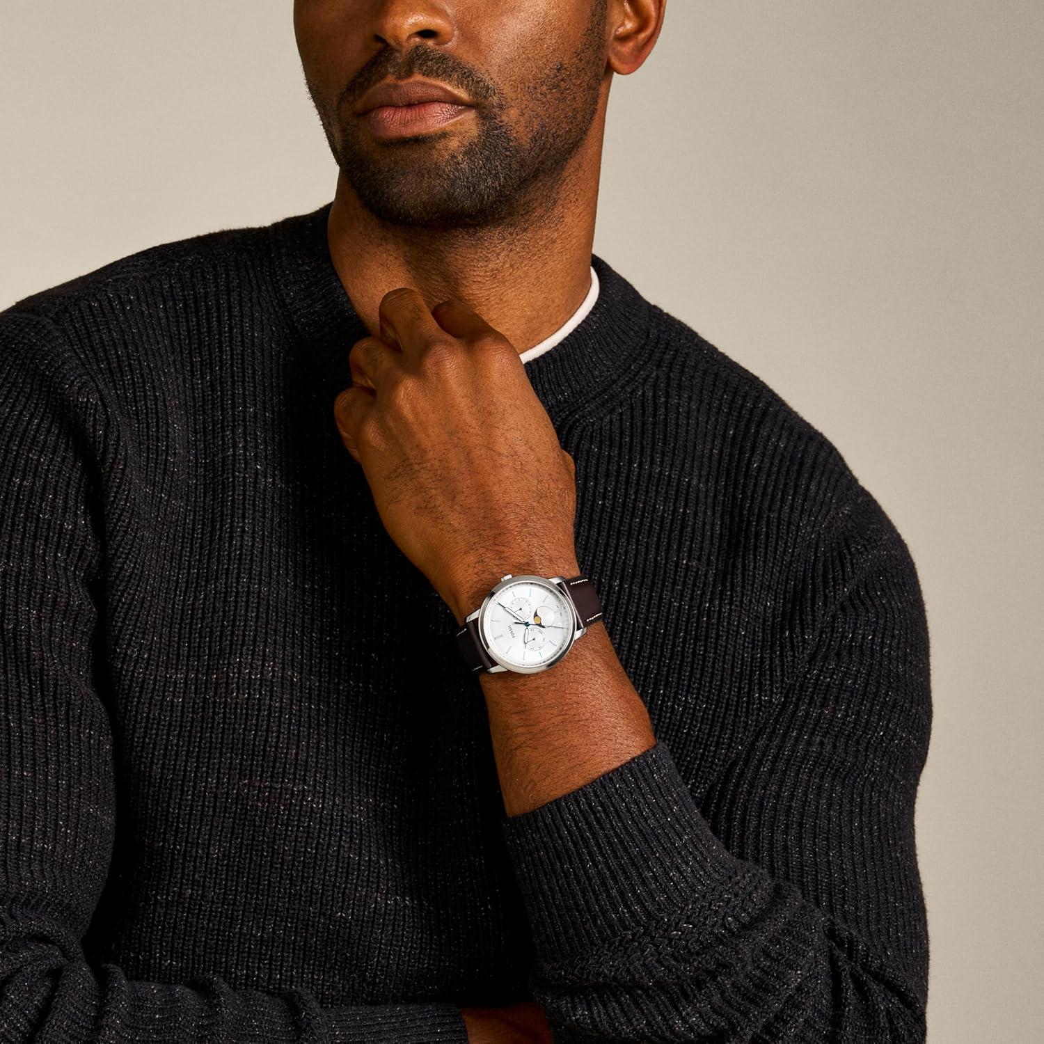 imageFossil Mens Neutra Quartz Stainless Steel and Leather Chronograph WatchSilver  Brown Moonphase