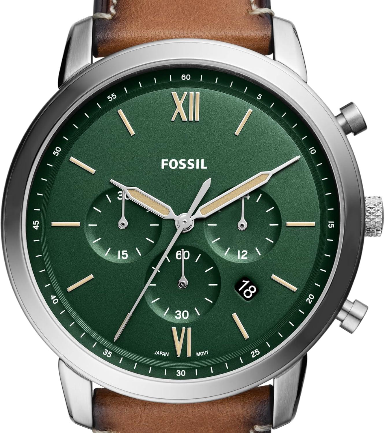imageFossil Mens Neutra Quartz Stainless Steel and Leather Chronograph WatchSilverGreen  Brown