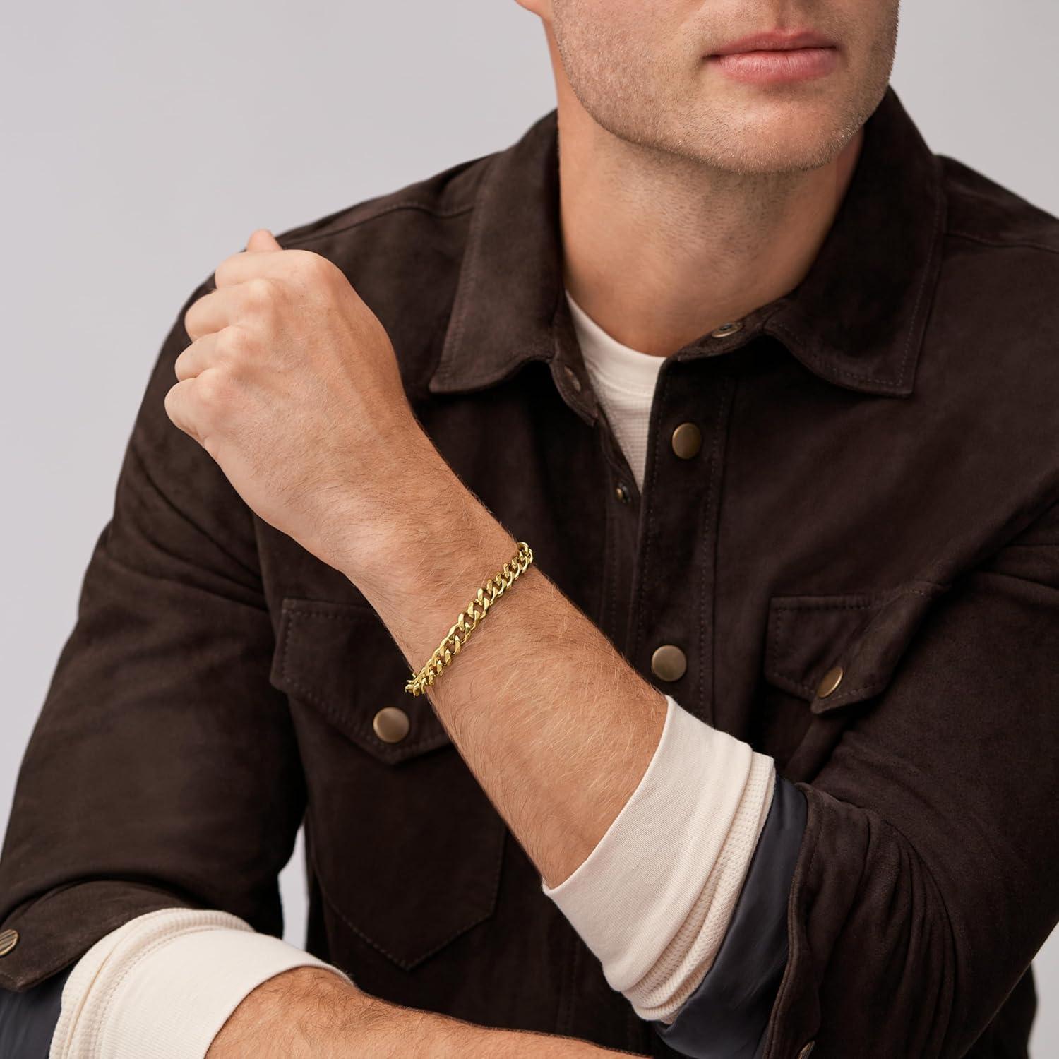 imageFossil Mens Plated Stainless Steel Engravable Personalized Gift ID Chain or Cuff Bracelet for MenGold Curb Chain