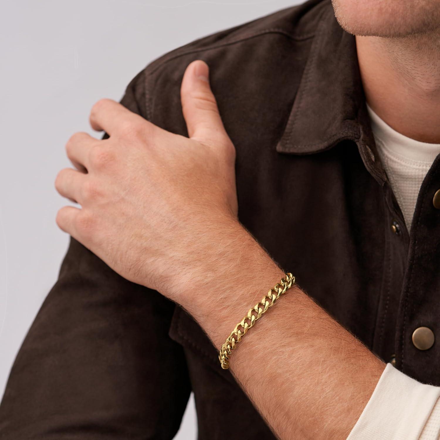 imageFossil Mens Plated Stainless Steel Engravable Personalized Gift ID Chain or Cuff Bracelet for MenGold Curb Chain