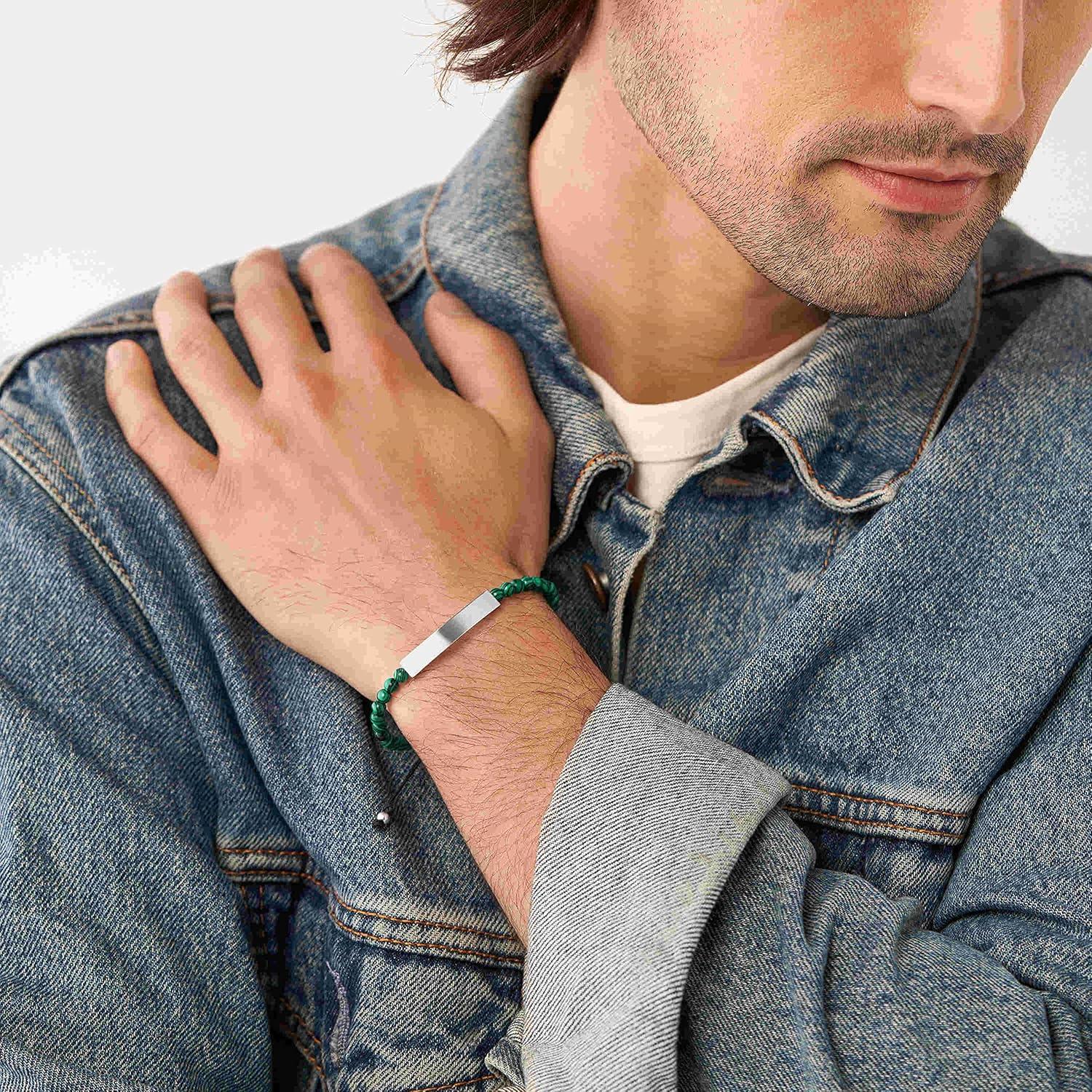 imageFossil Mens Plated Stainless Steel Engravable Personalized Gift ID Chain or Cuff Bracelet for MenGreenSilver Engravable