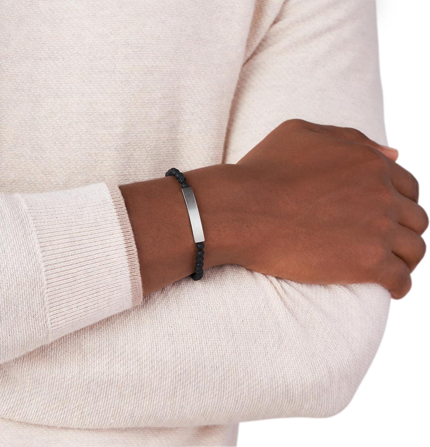 imageFossil Mens Plated Stainless Steel Engravable Personalized Gift ID Chain or Cuff Bracelet for MenLavaSilver Engravable