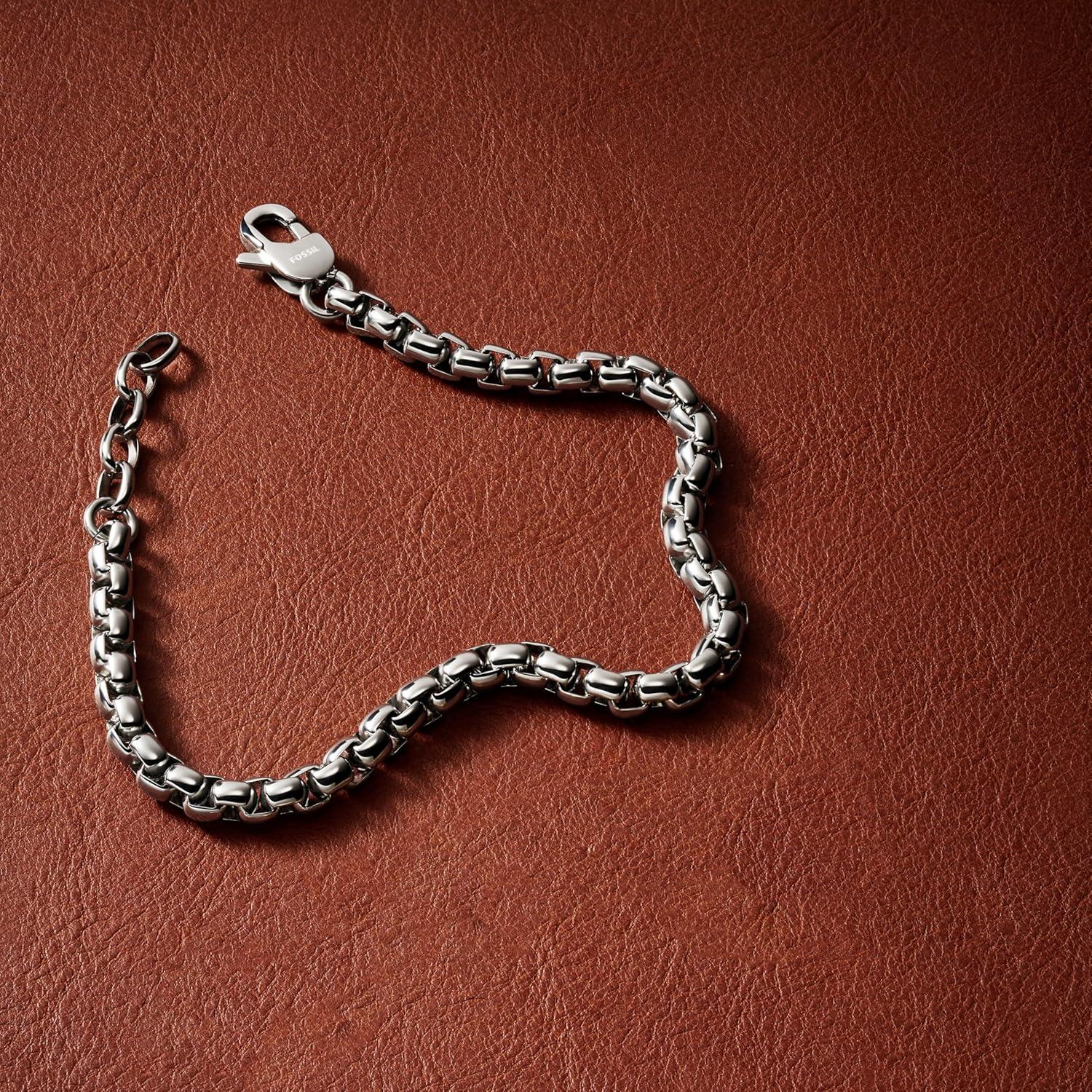 imageFossil Mens Plated Stainless Steel Engravable Personalized Gift ID Chain or Cuff Bracelet for MenSilver Box Chain