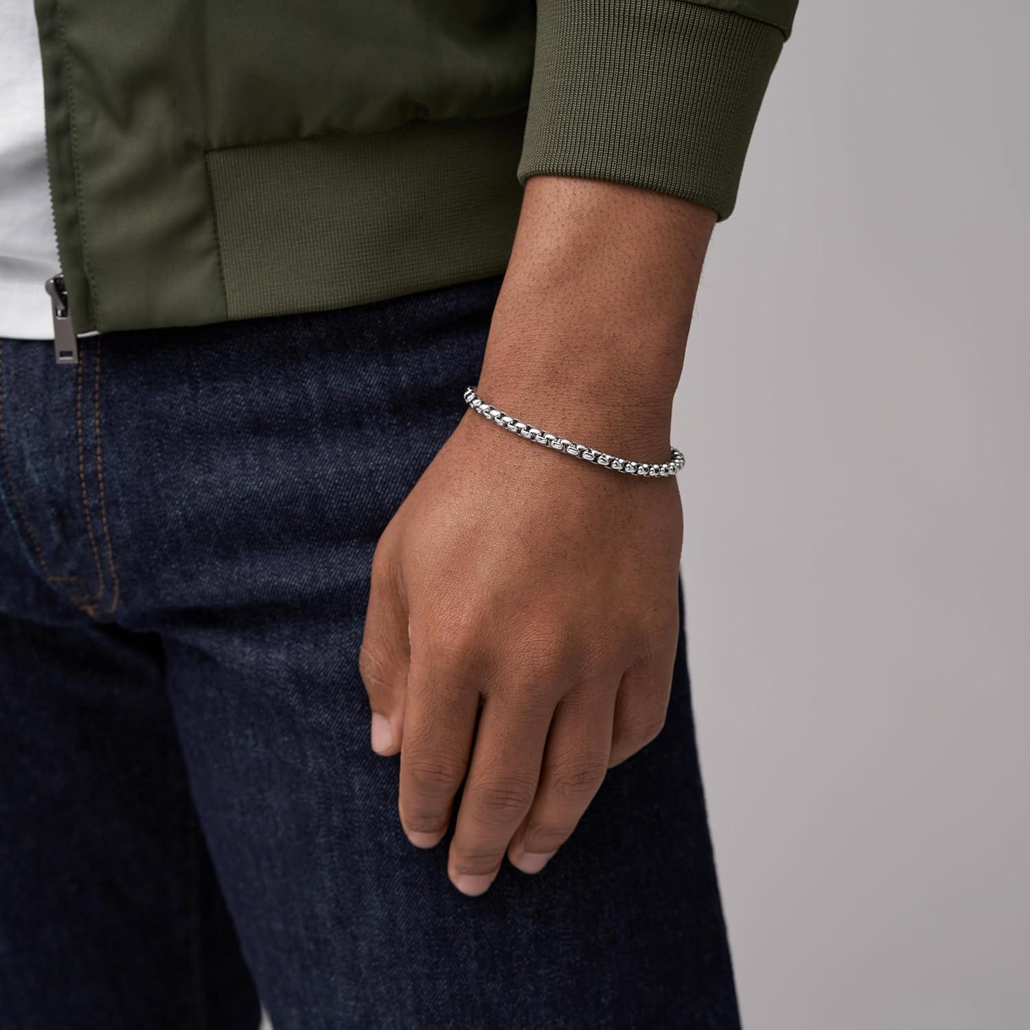 imageFossil Mens Plated Stainless Steel Engravable Personalized Gift ID Chain or Cuff Bracelet for MenSilver Box Chain