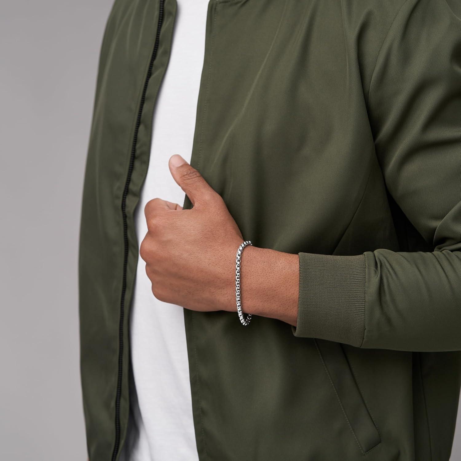 imageFossil Mens Plated Stainless Steel Engravable Personalized Gift ID Chain or Cuff Bracelet for MenSilver Box Chain