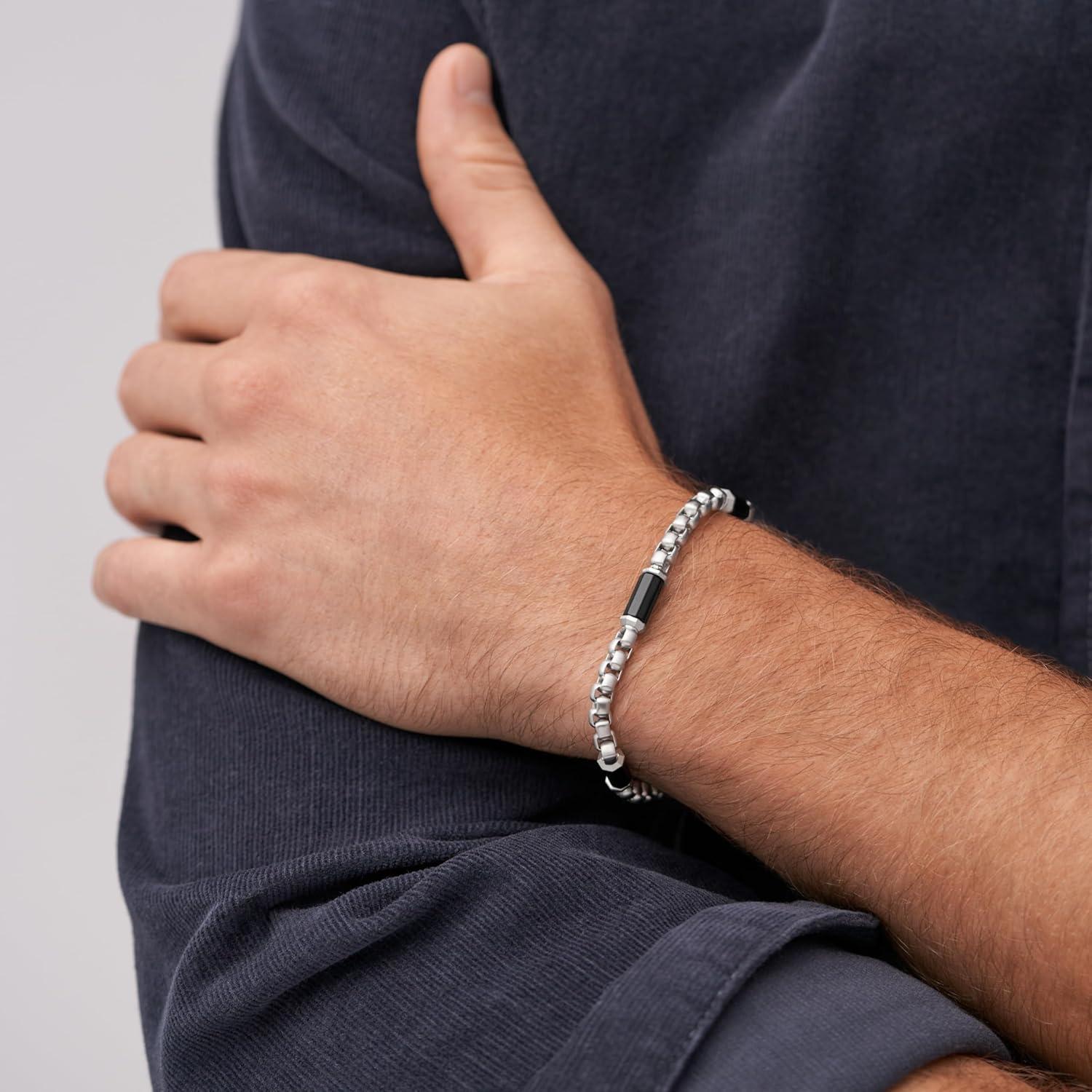 imageFossil Mens Plated Stainless Steel Engravable Personalized Gift ID Chain or Cuff Bracelet for MenSilver Box ChainBlack Beads