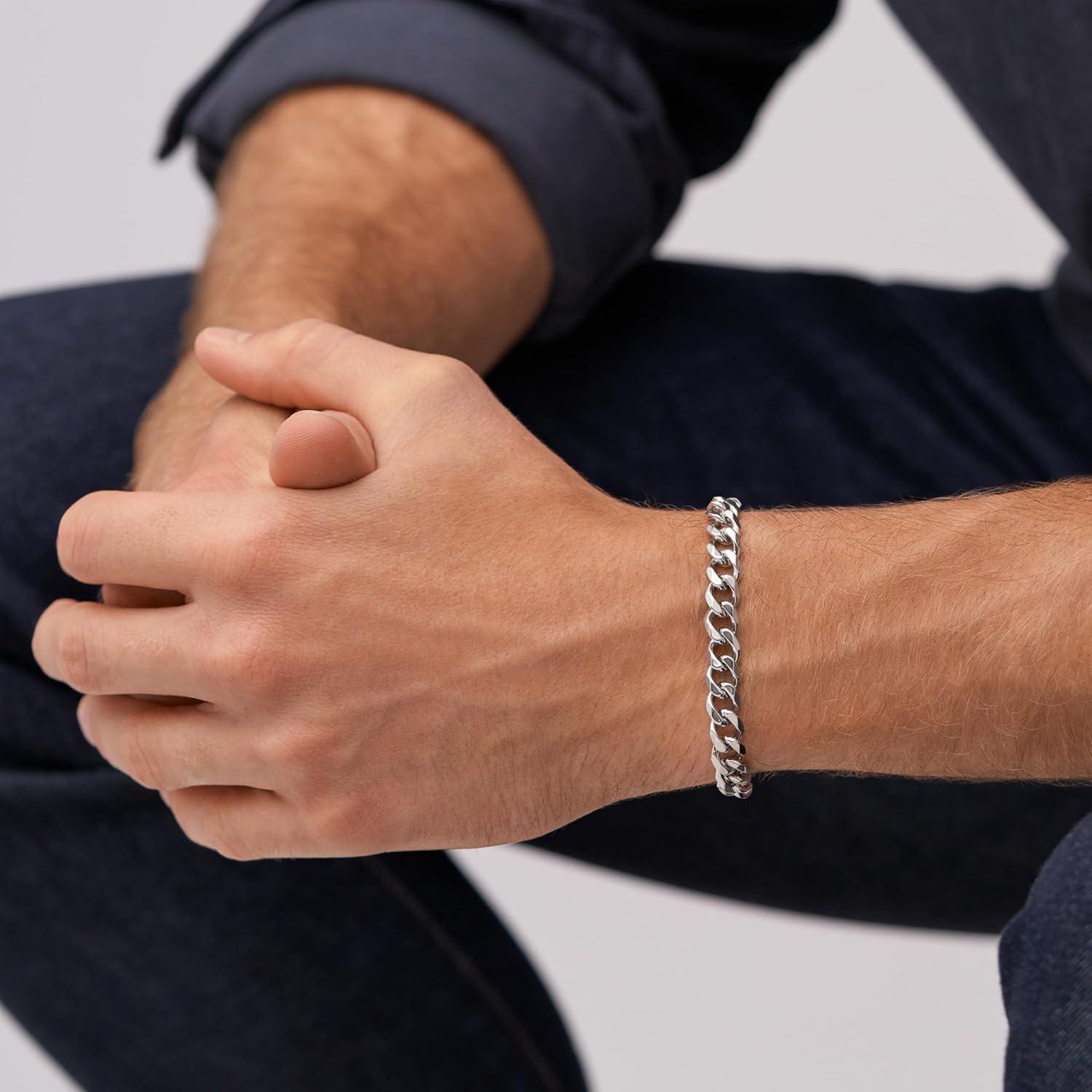 imageFossil Mens Plated Stainless Steel Engravable Personalized Gift ID Chain or Cuff Bracelet for MenSilver Curb Chain