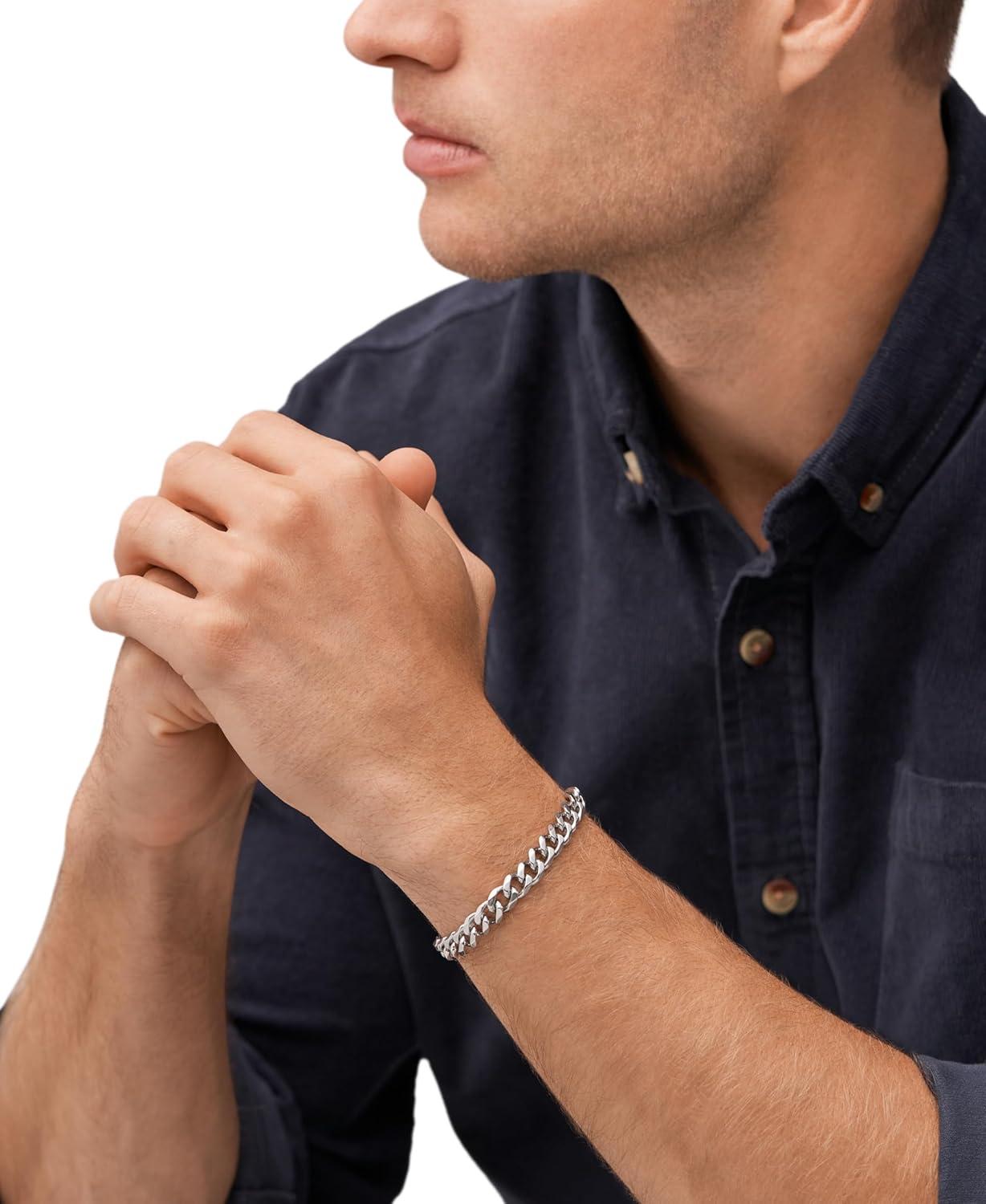 imageFossil Mens Plated Stainless Steel Engravable Personalized Gift ID Chain or Cuff Bracelet for MenSilver Curb Chain