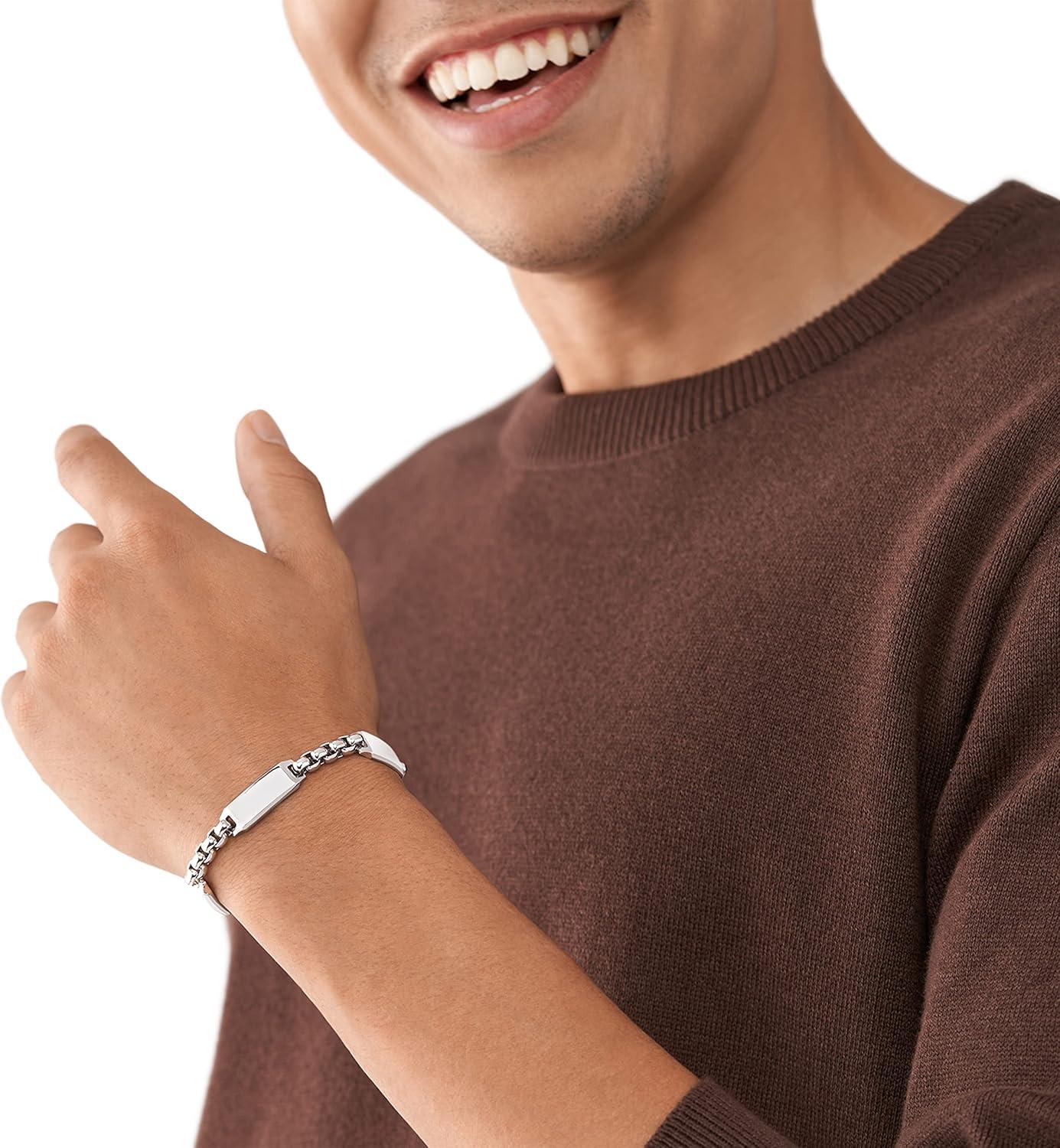 imageFossil Mens Plated Stainless Steel Engravable Personalized Gift ID Chain or Cuff Bracelet for MenSilver ID Chain Engravable