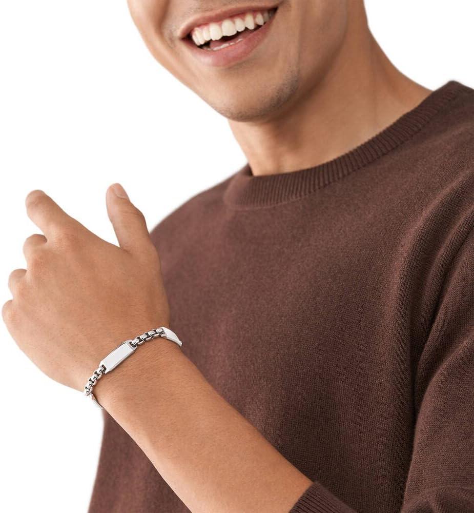 imageFossil Mens Plated Stainless Steel Engravable Personalized Gift ID Chain or Cuff Bracelet for MenSilver ID Chain Engravable