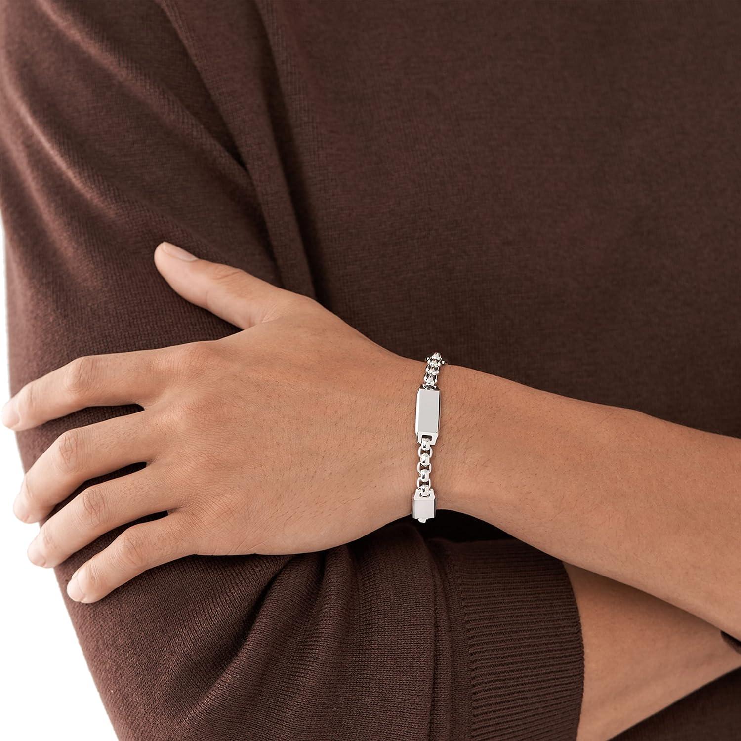 imageFossil Mens Plated Stainless Steel Engravable Personalized Gift ID Chain or Cuff Bracelet for MenSilver ID Chain Engravable