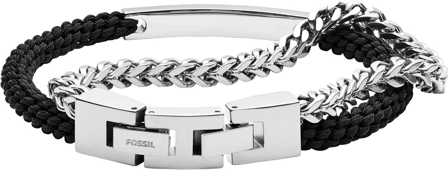 imageFossil Mens Plated Stainless Steel Engravable Personalized Gift ID Chain or Cuff Bracelet for MenSilverBlack Leather