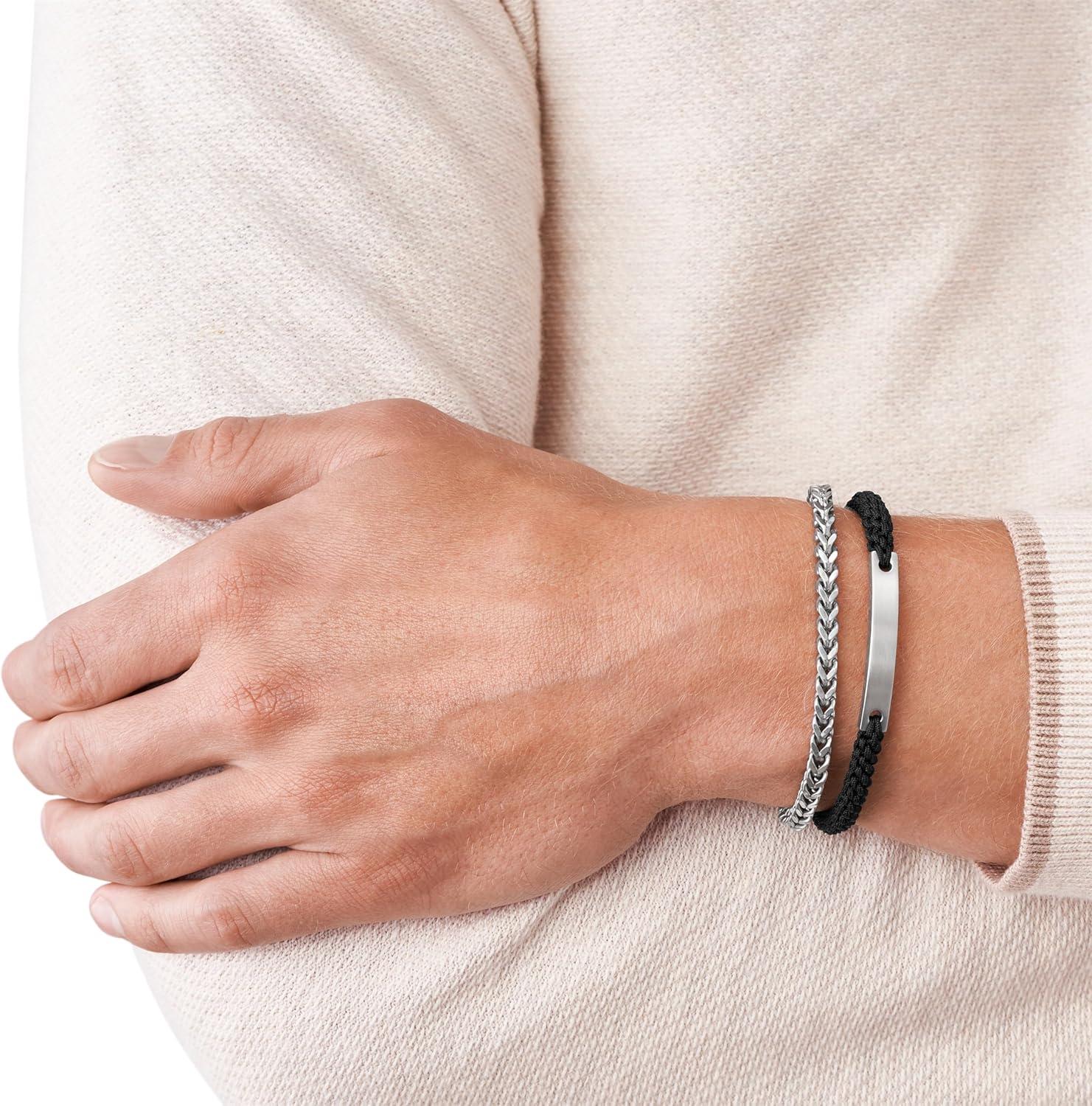 imageFossil Mens Plated Stainless Steel Engravable Personalized Gift ID Chain or Cuff Bracelet for MenSilverBlack Leather