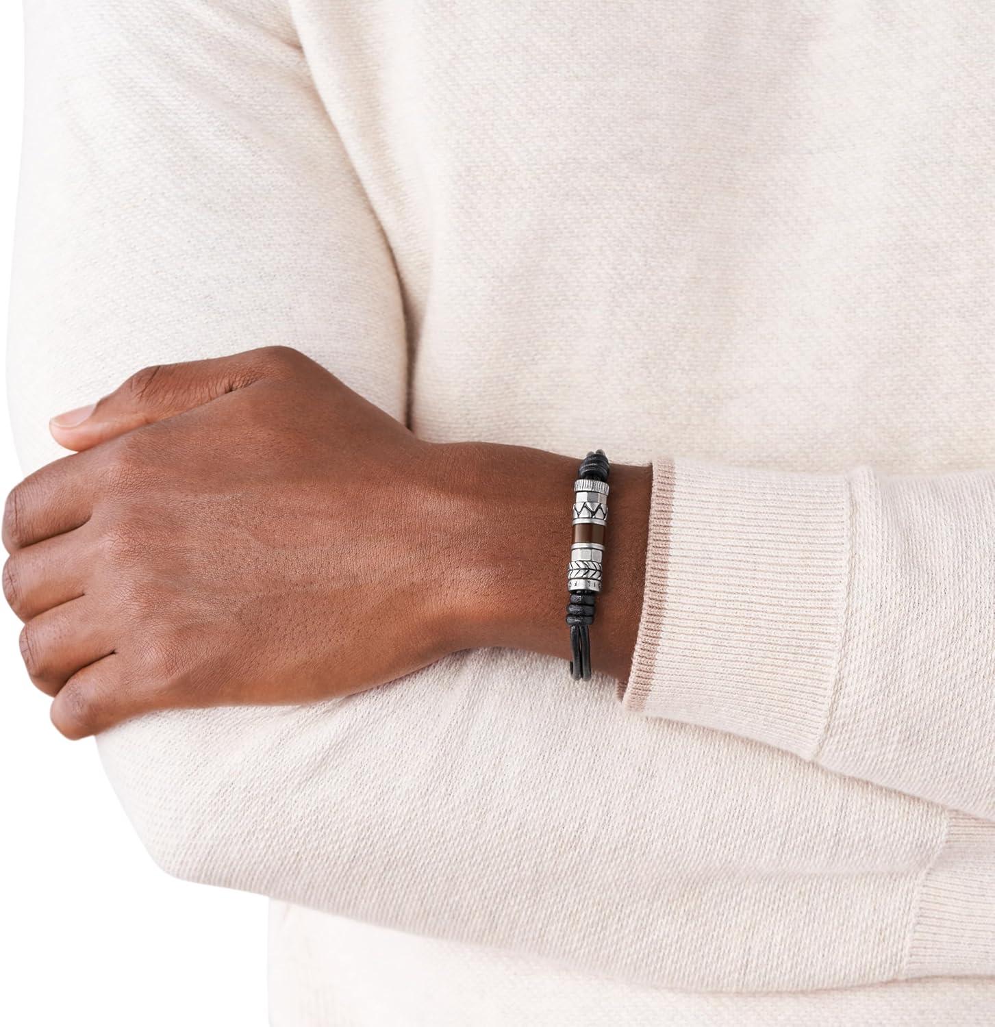 imageFossil Mens Stainless Steel and Genuine Leather andor Beaded Bracelet for MenBlack Cord