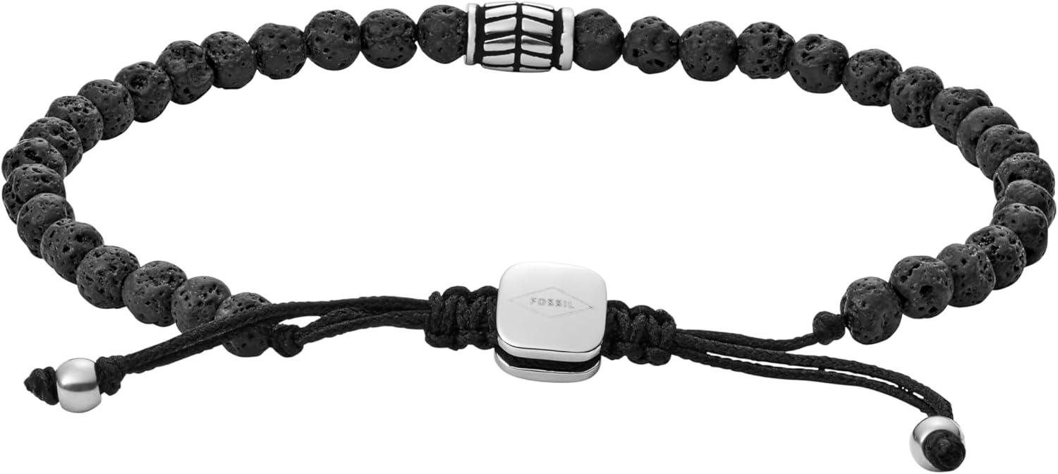 imageFossil Mens Stainless Steel and Genuine Leather andor Beaded Bracelet for MenBlack Lava