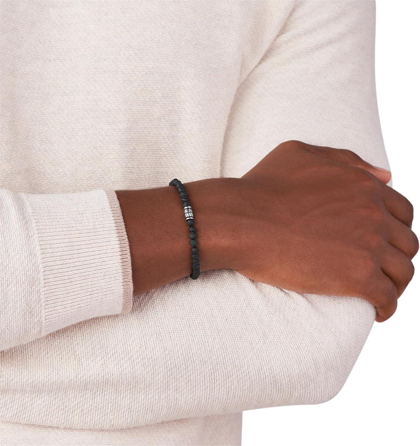 imageFossil Mens Stainless Steel and Genuine Leather andor Beaded Bracelet for MenBlack Lava