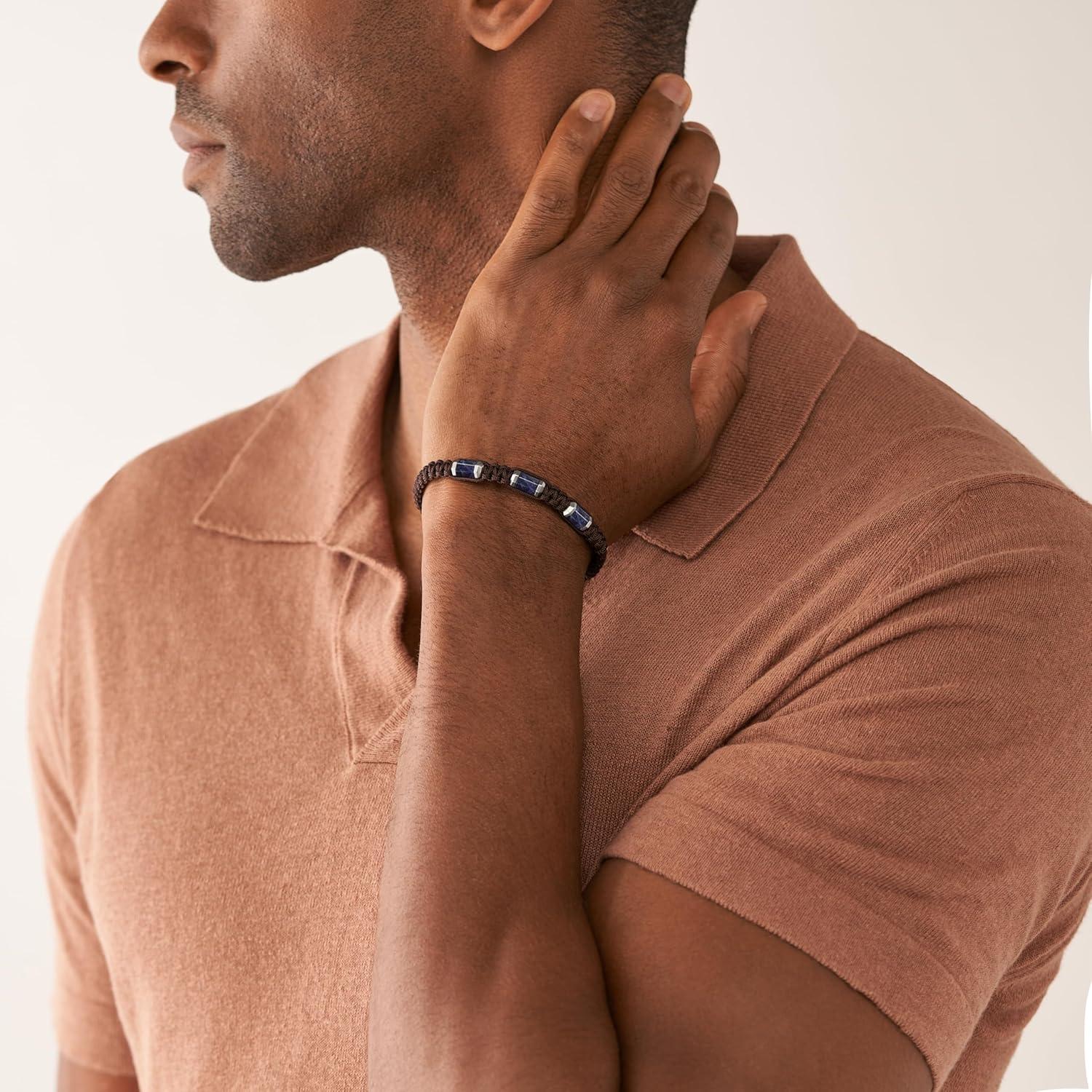 imageFossil Mens Stainless Steel and Genuine Leather andor Beaded Bracelet for MenBlue SodaliteBrown