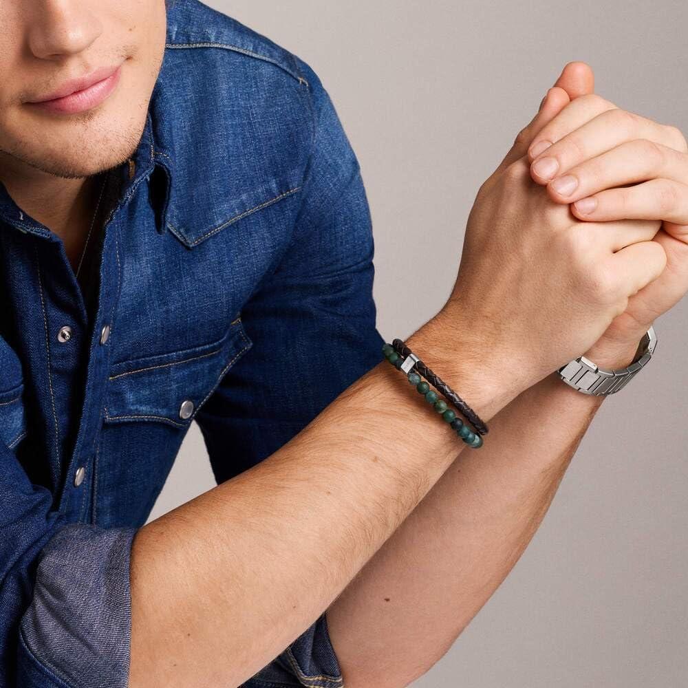 imageFossil Mens Stainless Steel and Genuine Leather andor Beaded Bracelet for MenGreenBrown