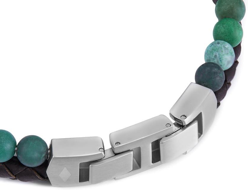imageFossil Mens Stainless Steel and Genuine Leather andor Beaded Bracelet for MenGreenBrown