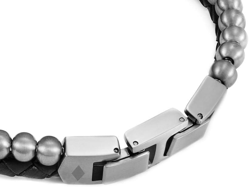 imageFossil Mens Stainless Steel and Genuine Leather andor Beaded Bracelet for MenSilver BeadedBlack