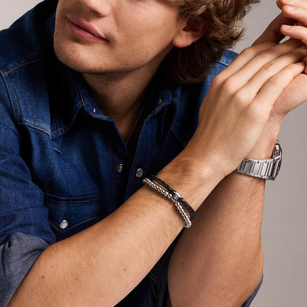 imageFossil Mens Stainless Steel and Genuine Leather andor Beaded Bracelet for MenSilver BeadedBlack