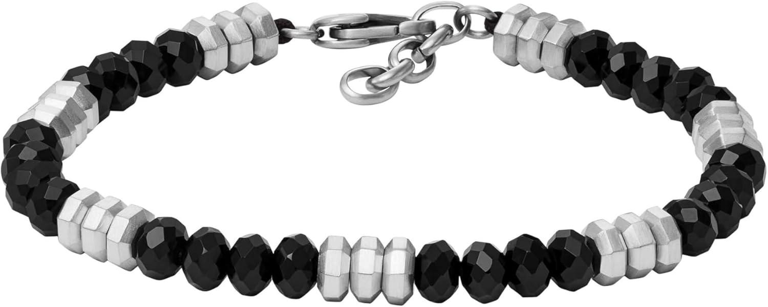 imageFossil Mens Stainless Steel and Genuine Leather andor Beaded Bracelet for MenSilverBlack Agate