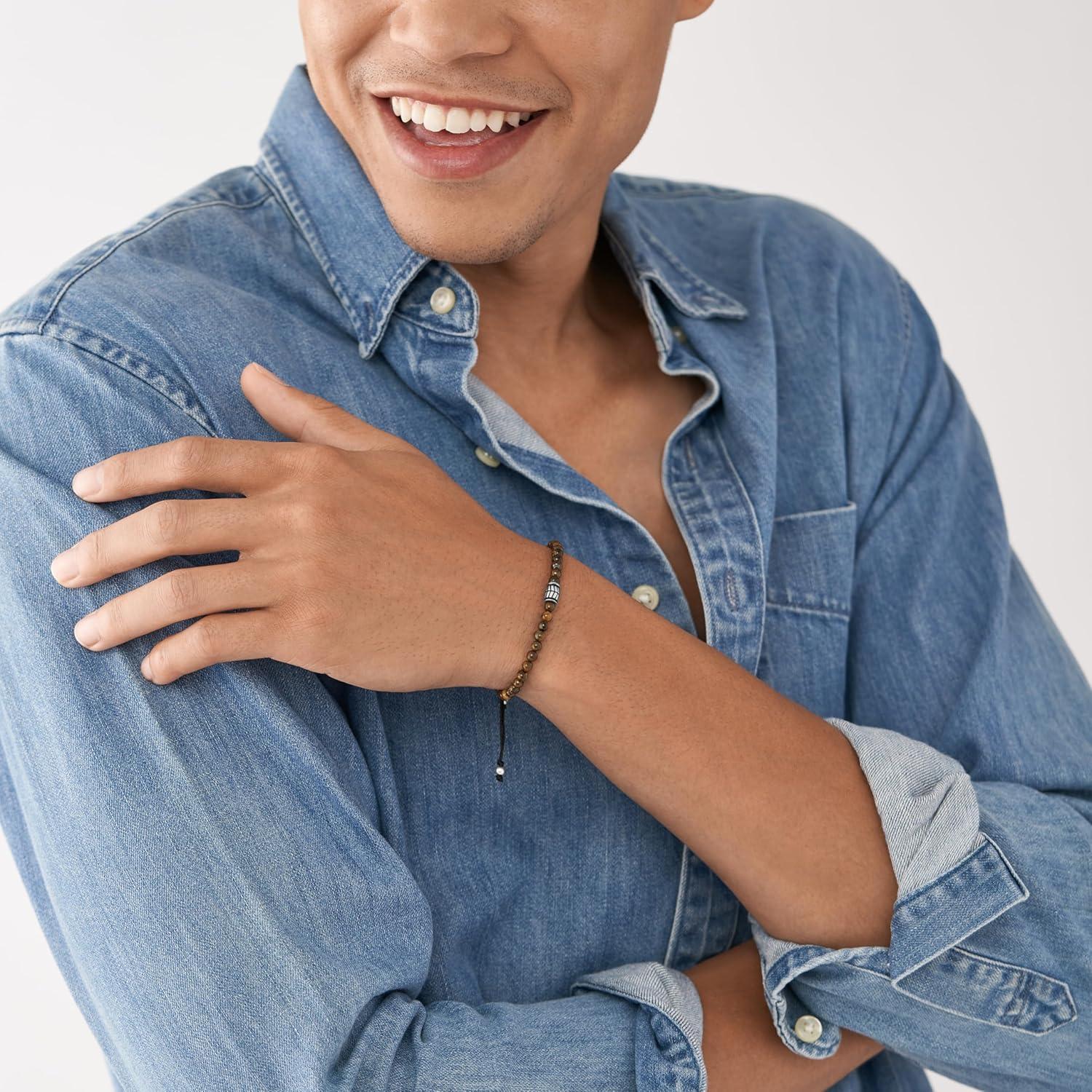 imageFossil Mens Stainless Steel and Genuine Leather andor Beaded Bracelet for MenTigers EyeBrown