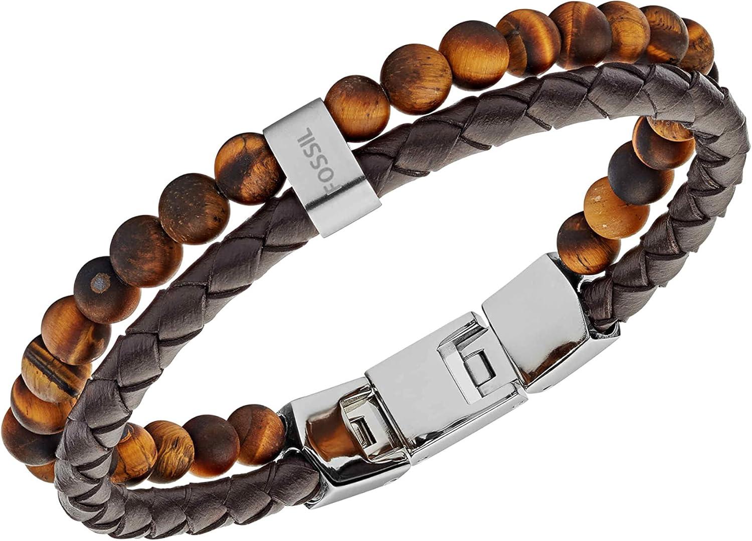 imageFossil Mens Stainless Steel and Genuine Leather andor Beaded Bracelet for MenTigers EyeBrownLeather