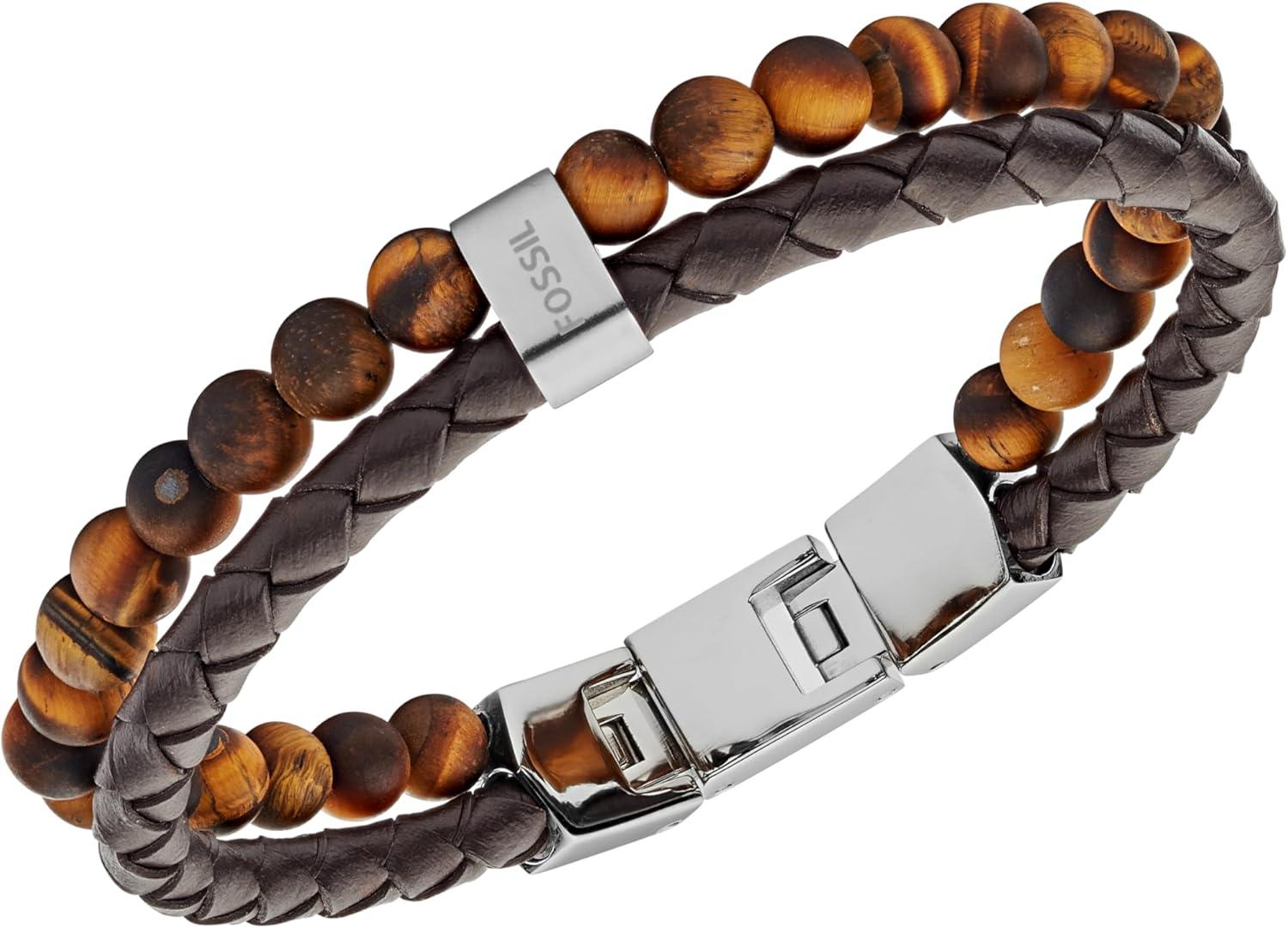 imageFossil Mens Stainless Steel and Genuine Leather andor Beaded Bracelet for MenTigers EyeBrownLeather