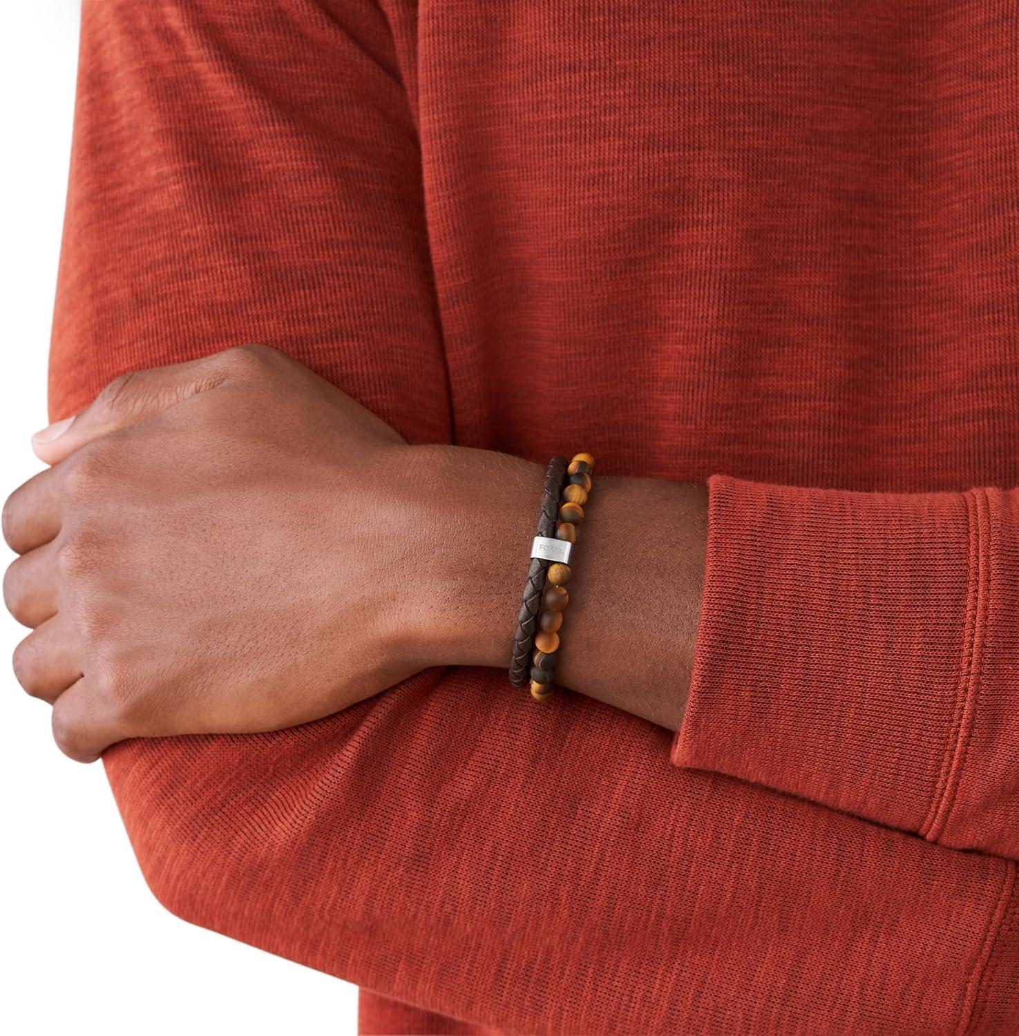 imageFossil Mens Stainless Steel and Genuine Leather andor Beaded Bracelet for MenTigers EyeBrownLeather