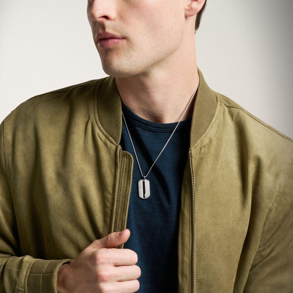 imageFossil Mens Stainless Steel or Leather Necklace for MenSilver Knox Knurled Dog Tag