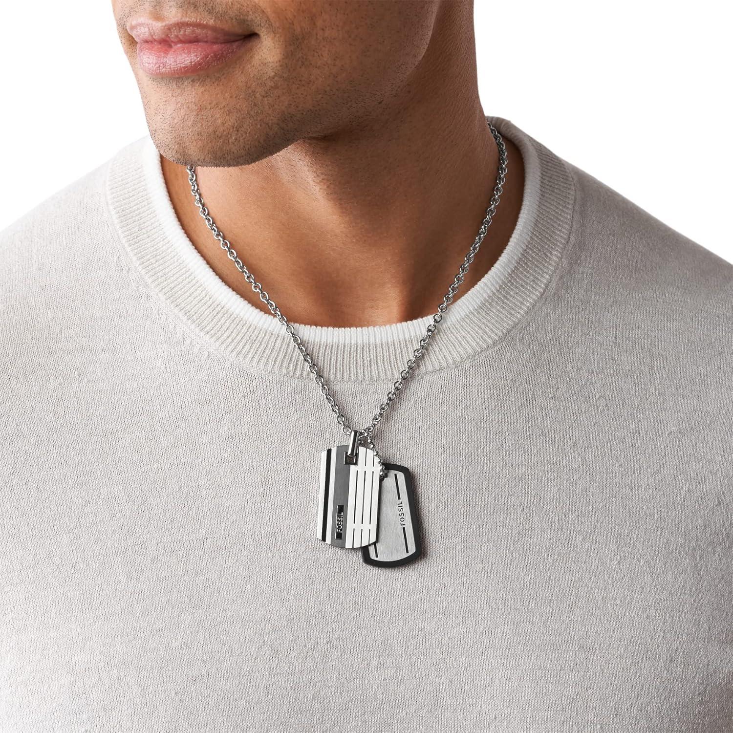imageFossil Mens Stainless Steel or Leather Necklace for MenSilver Tags