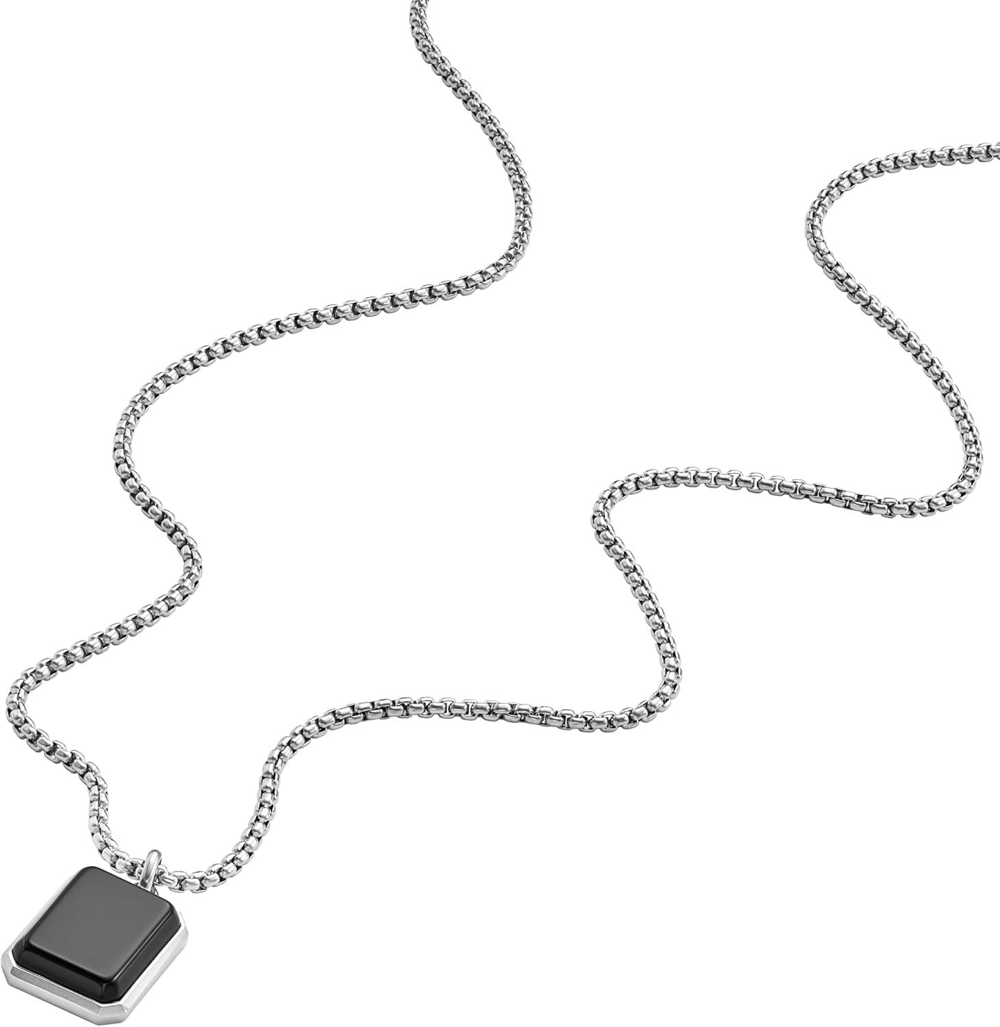 imageFossil Mens Stainless Steel or Leather Necklace for MenSilverBlack Agate Pendant