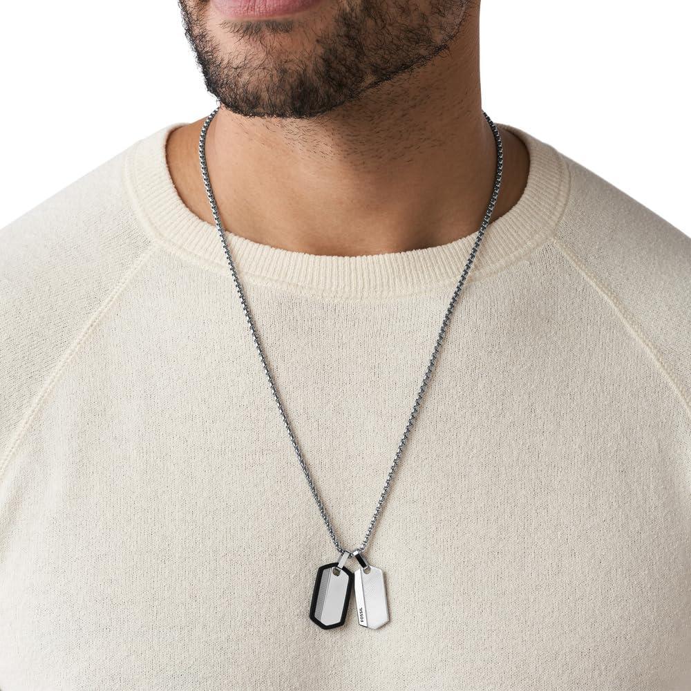 imageFossil Mens Stainless Steel or Leather Necklace for MenSilverBlack Grooved Tag